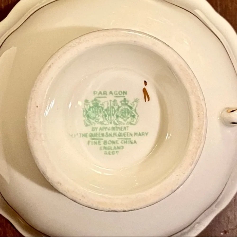 Vintage 1940s Paragon Double Warrant Bone China Green Cabbage Rose Cup & Saucer